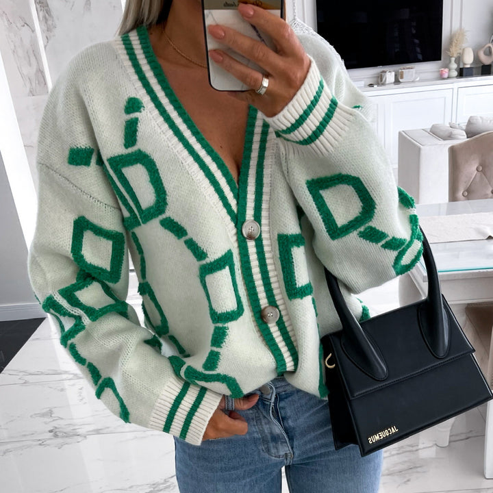 Kvinders oversized cardigan med farverigt geometrisk mønster Skovae