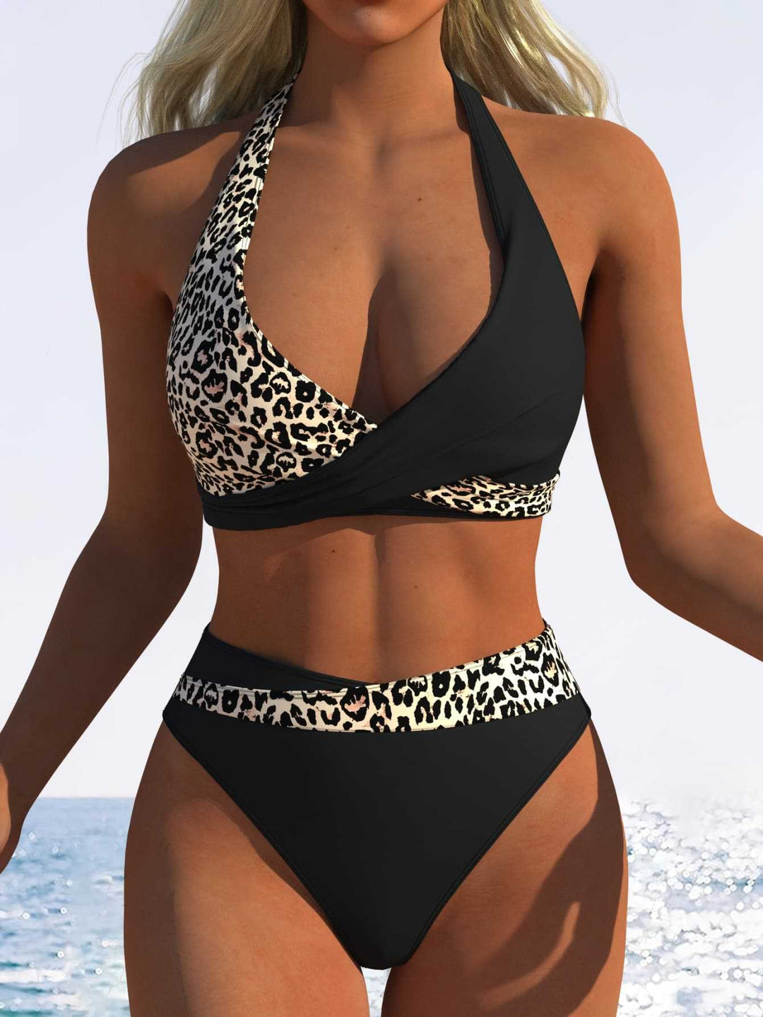 Damer Højt skåret bikini-sæt med trendy indpakningsoberdel og elastisk bånd Skovae
