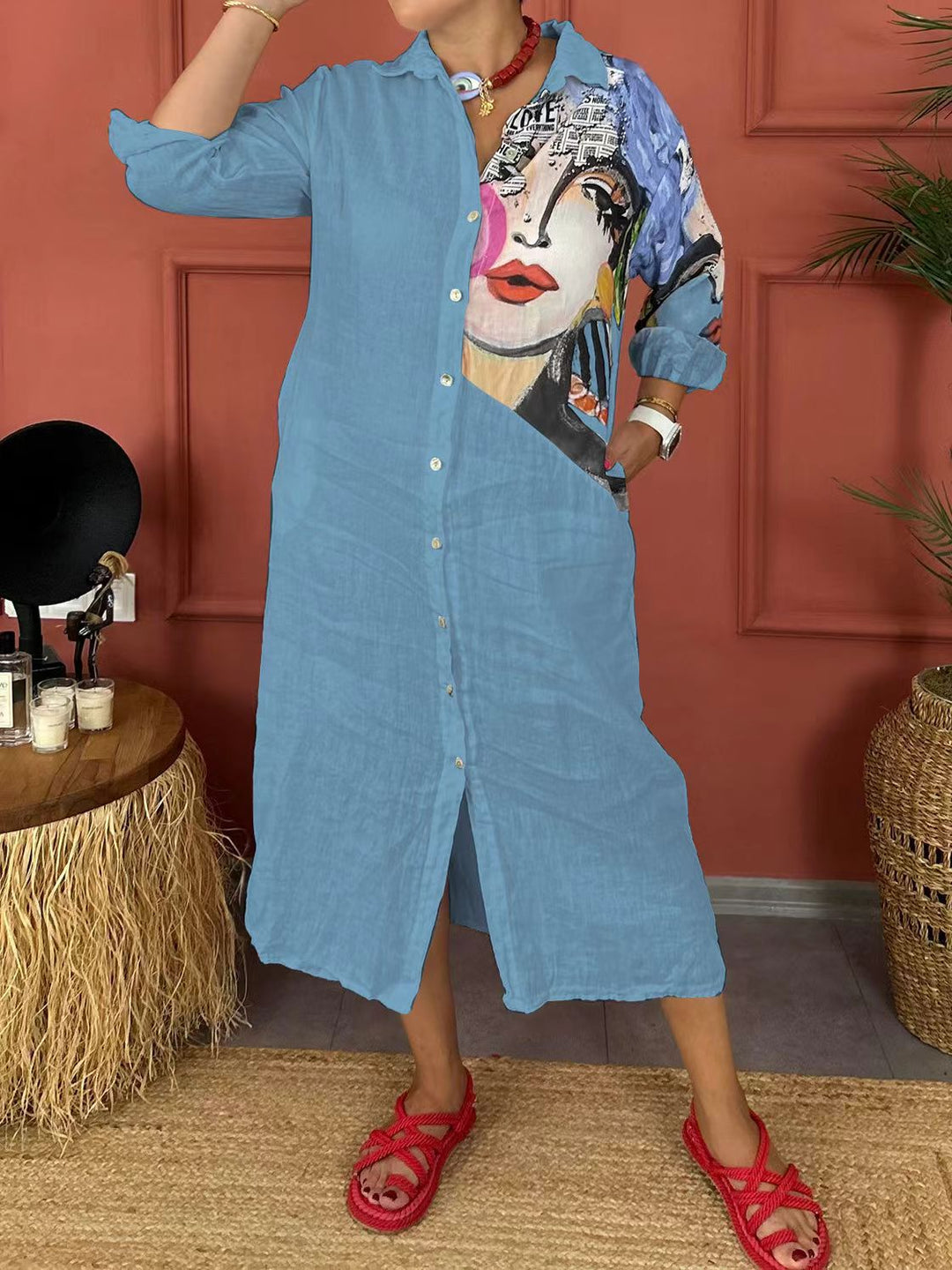 Dame skjortekjole med kreativt kunstmotiv Stilla