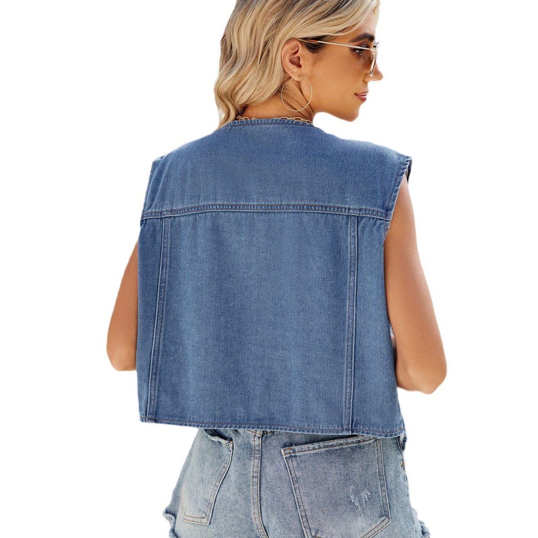 Dame Denim-vest med dyb V-udskæring og praktiske lommer Stilla