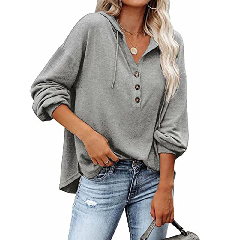 Dame afslappet hættebluse med knapstolpe og oversized snit Stilla