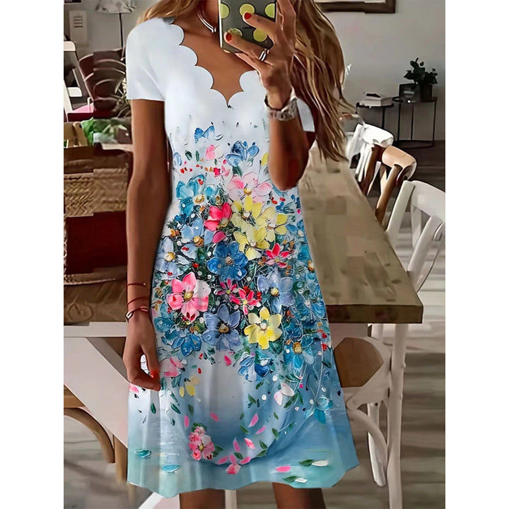 Dame Bølge-Udskæring Floral-Print A-Linie-Kjole Stilla