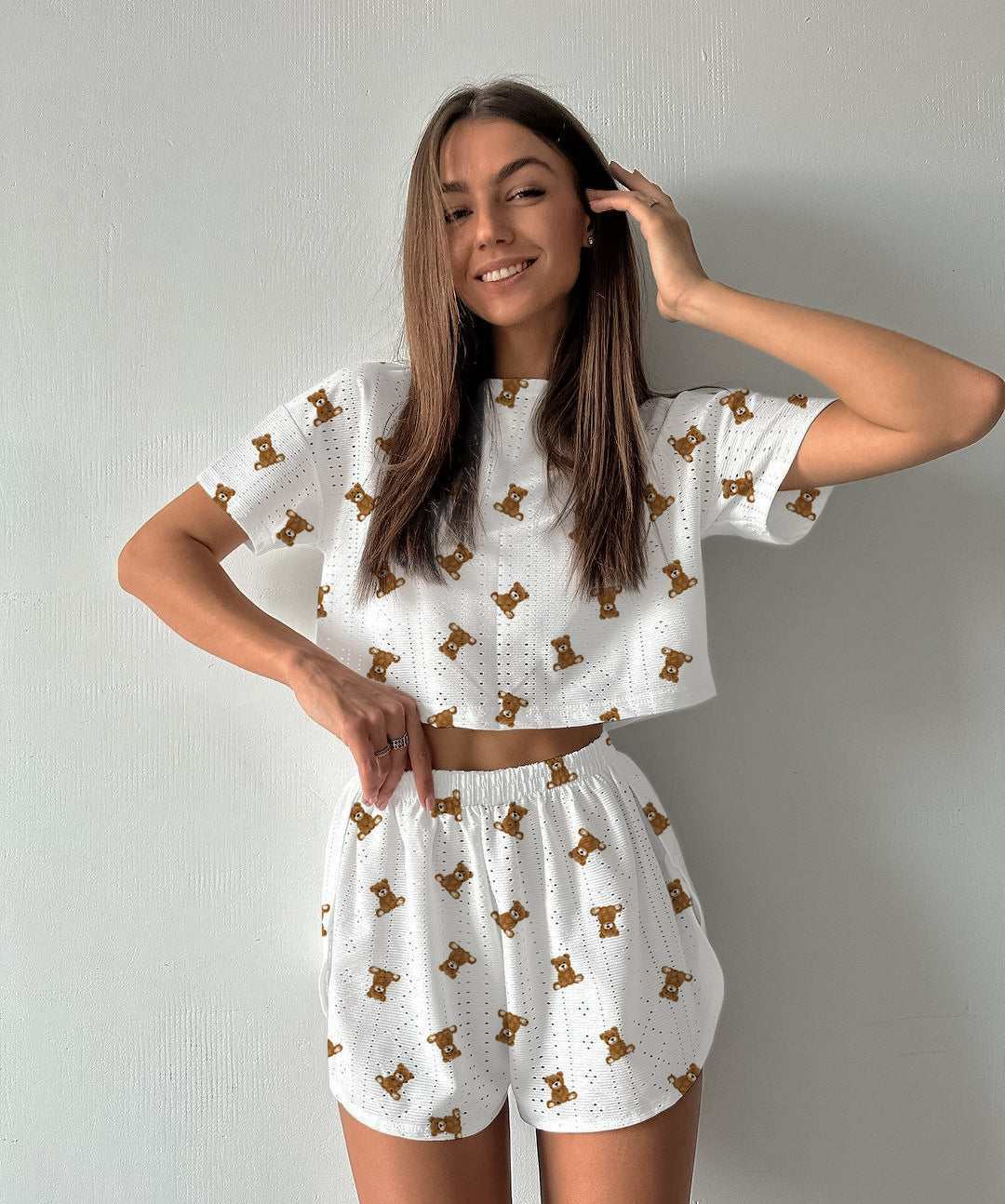 Dame Loungewear Sæt med sødt bjørne-motiv Stilla