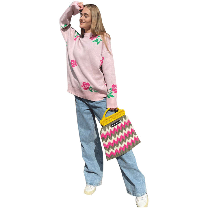 Kvindernes mønstrede strikkede sweater med blomstermotiv og løs pasform Stilla