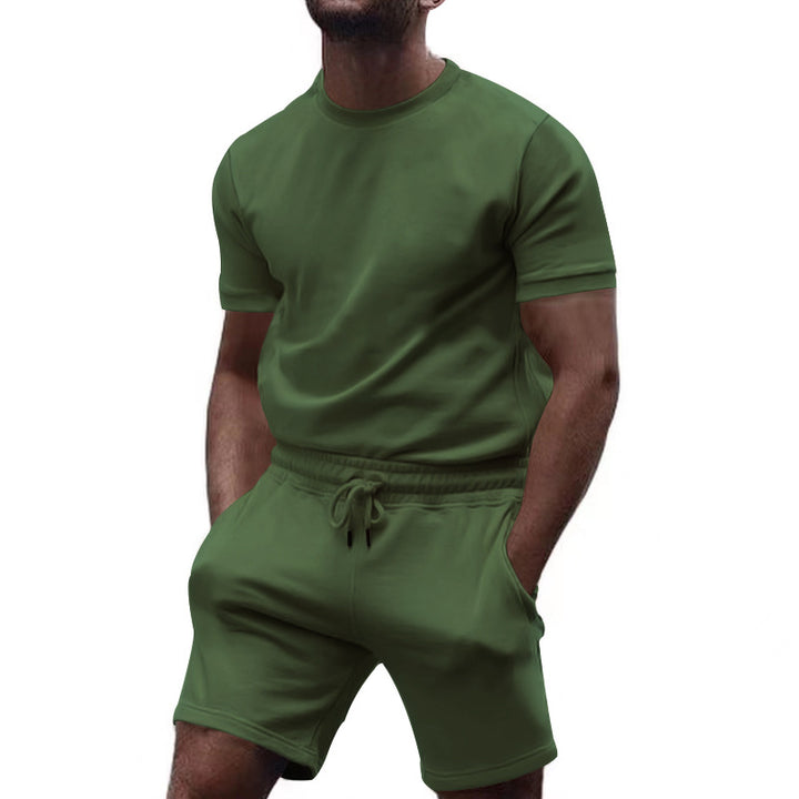 Herren nan minimalistisk jersey-sæt med komfortabel rundhalset skjorte og elastisk tunneltræk-kortbuks Skovae