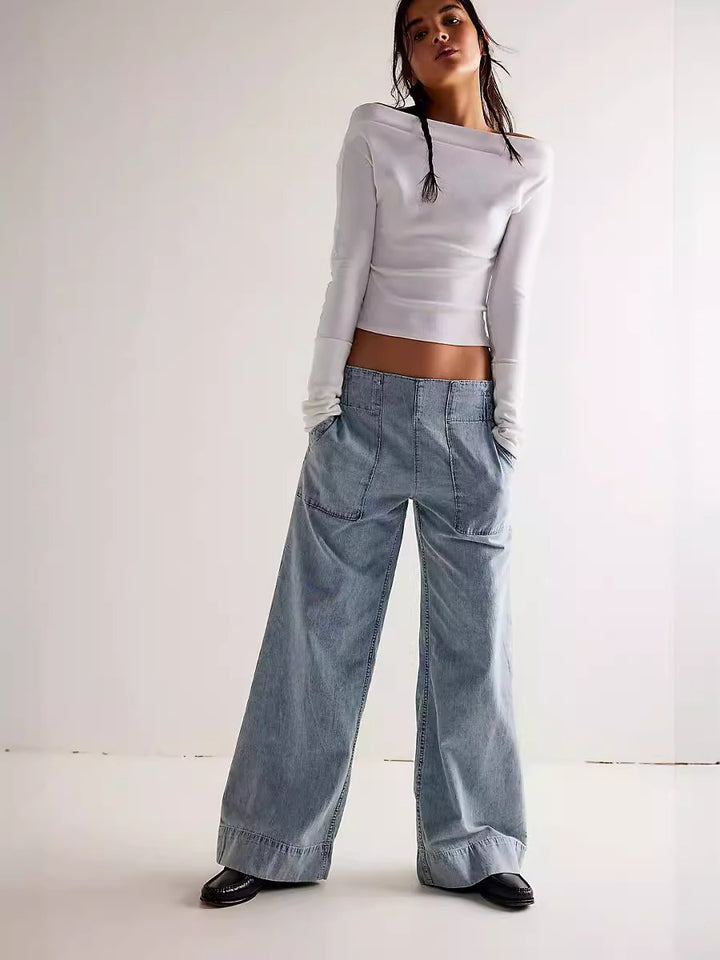 Dame bred denim-stretchbukser med høje lommer og elastisk talje Stilla