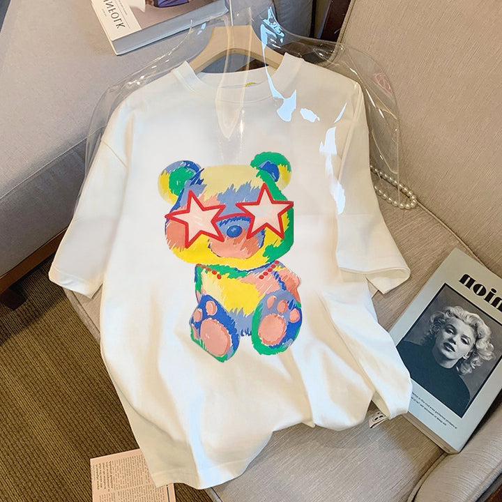 Dame T-shirt med farverigt bjørnemotiv og trendy stjernetryk Stilla