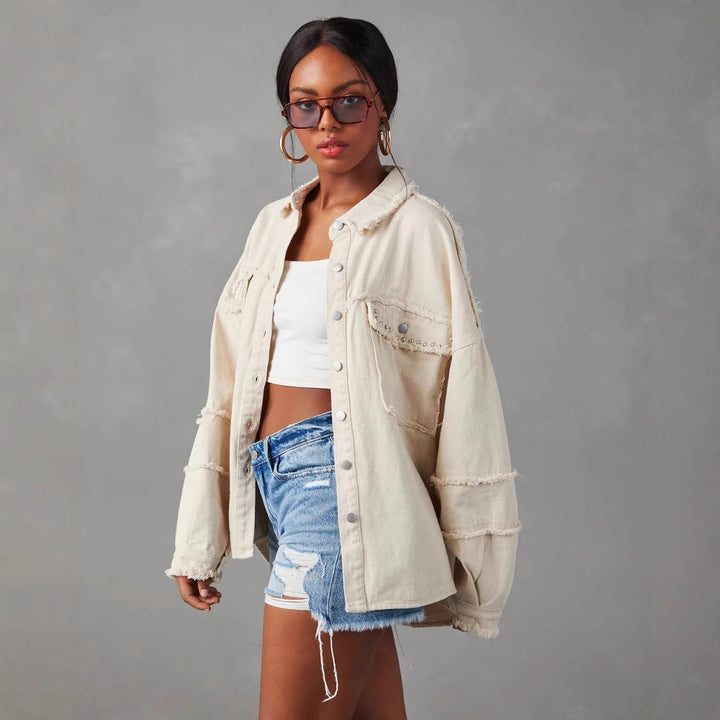 Dame Oversized Denim Skjorte med Frynser og Lommer Stilla