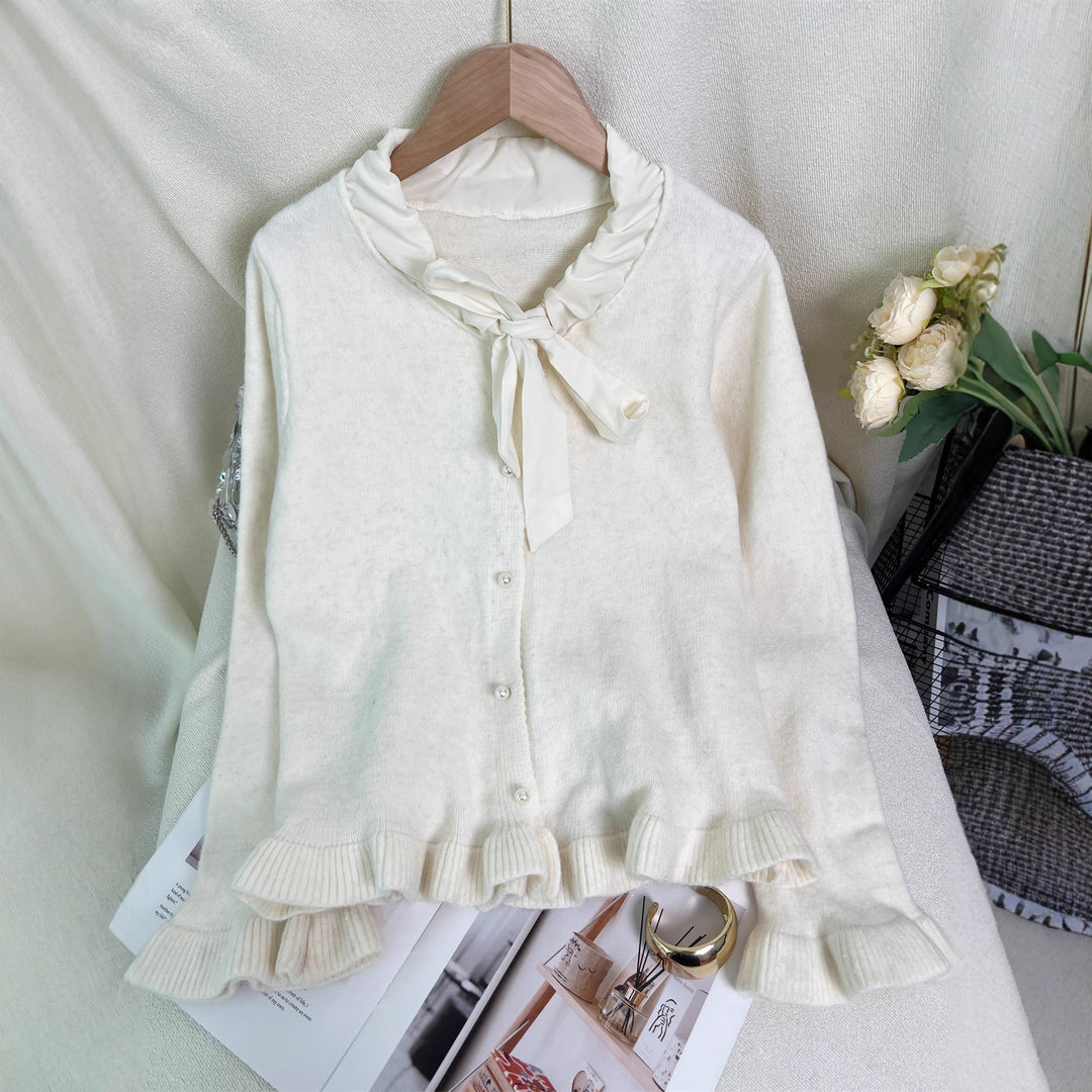 Damernes elegante cardigan med flæser og sløjfe krave Stilla