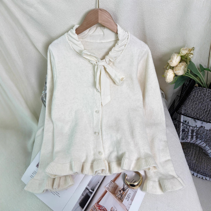 Damernes elegante cardigan med flæser og sløjfe krave Stilla