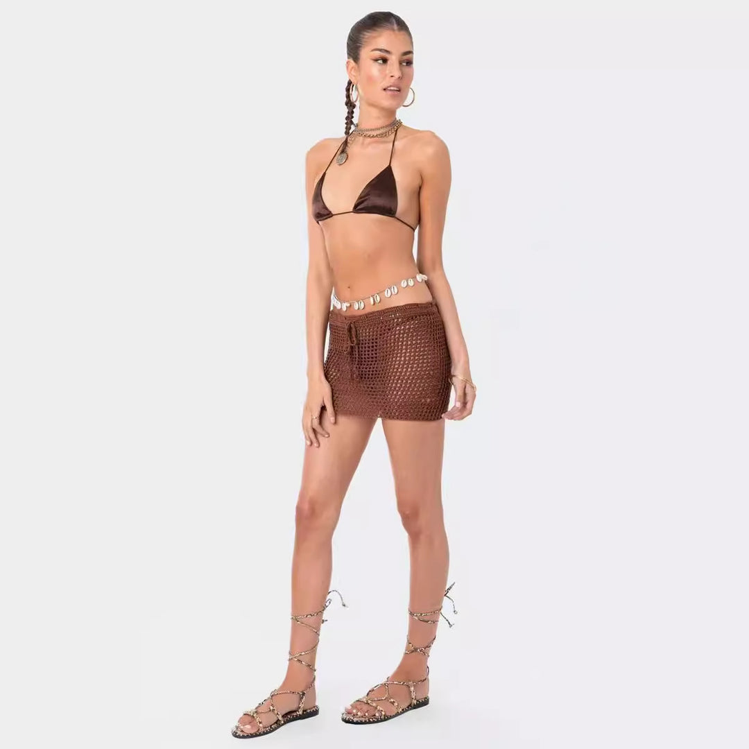 Dame hæklede strand-outfit med justerbar top og shorts Skovae
