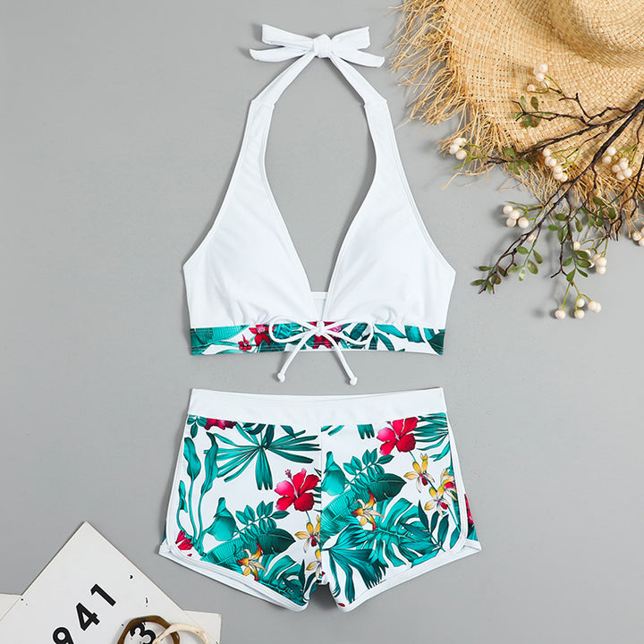 Dame Triangel-Bikini med blomsterdesign shorts
