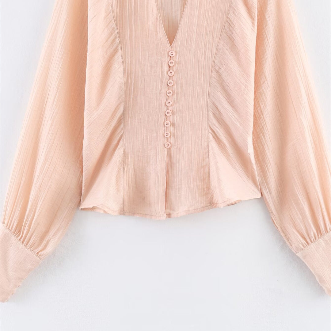Dame elegant bluse med dyb V-udskæring og strukturerede ærmer Skovae