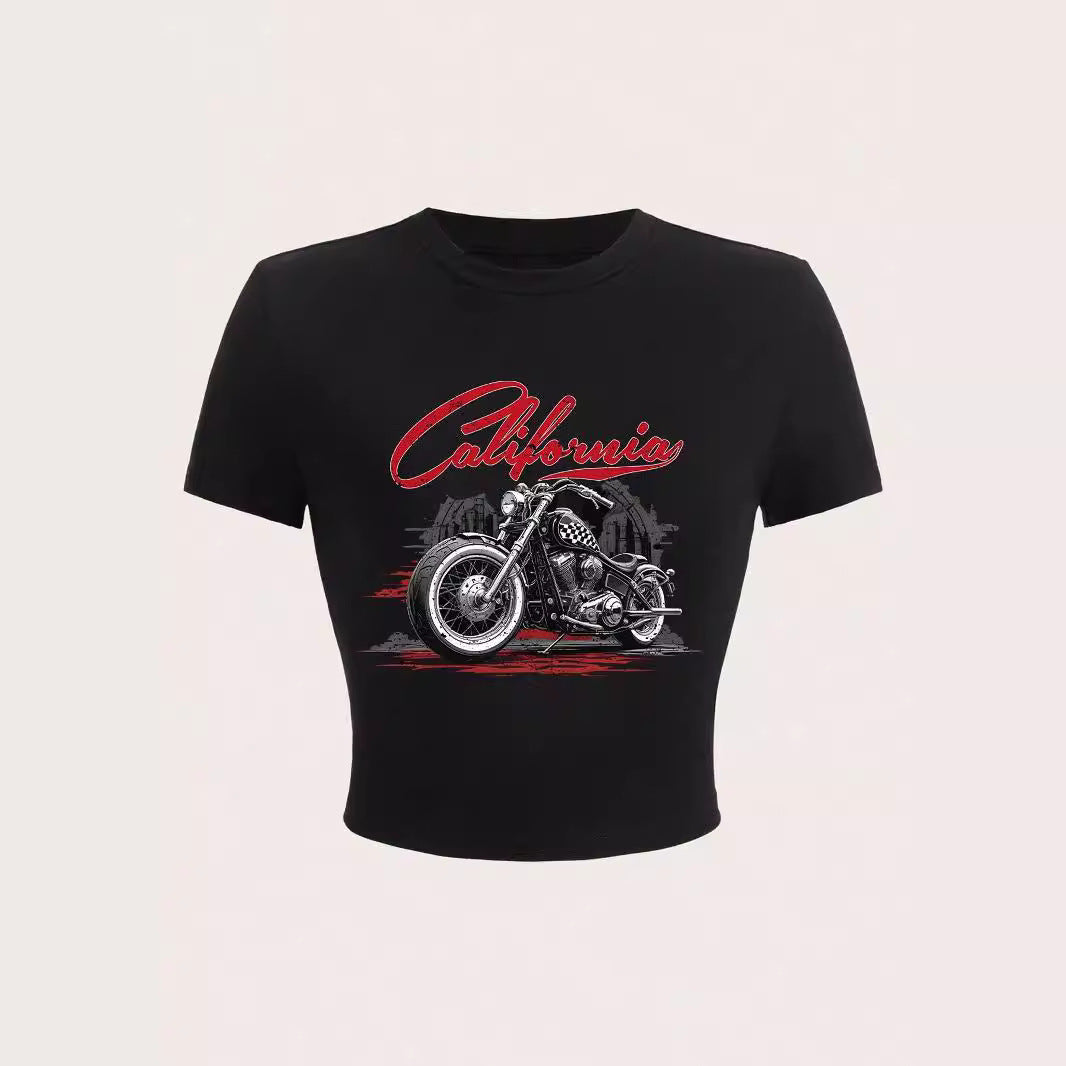 Dame Korte ærmer T-shirt med iøjnefaldende motorcykel-design Skovae