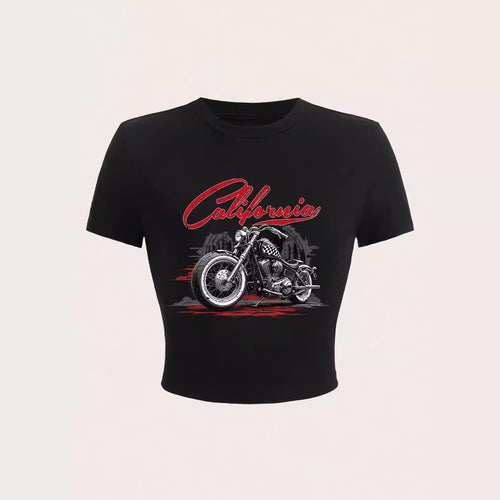 Dame Korte ærmer T-shirt med iøjnefaldende motorcykel-design Skovae