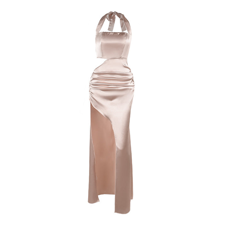 Dame elegant halterneck maxikjole med draperinger og høj split Skovae