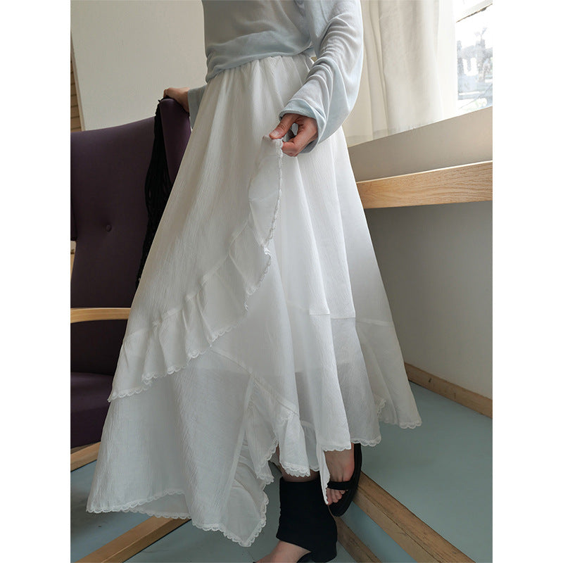 Dame asymmetrisk maxiskørt med fine ruffle-detaljer og elastisk talje Stilla