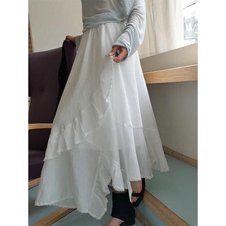Dame asymmetrisk maxiskørt med fine ruffle-detaljer og elastisk talje Stilla