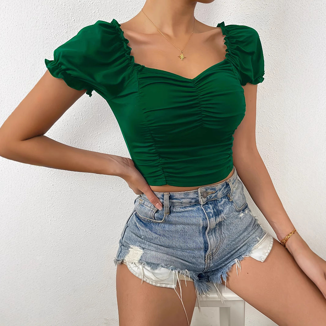 Dame figursyet crop-top med puffærmer og rynkning Skovae