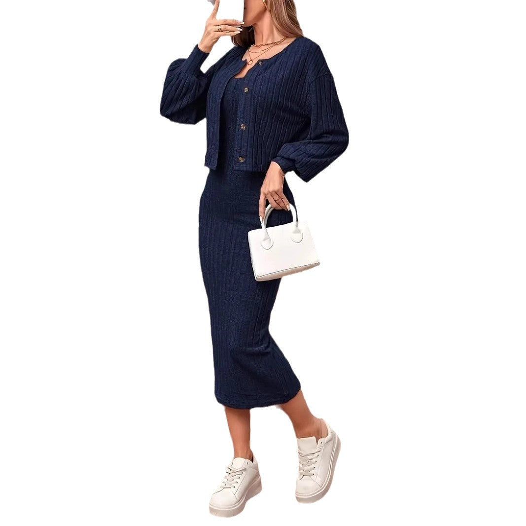 Dame strikkjole med matchende cardigan-jakke Stilla