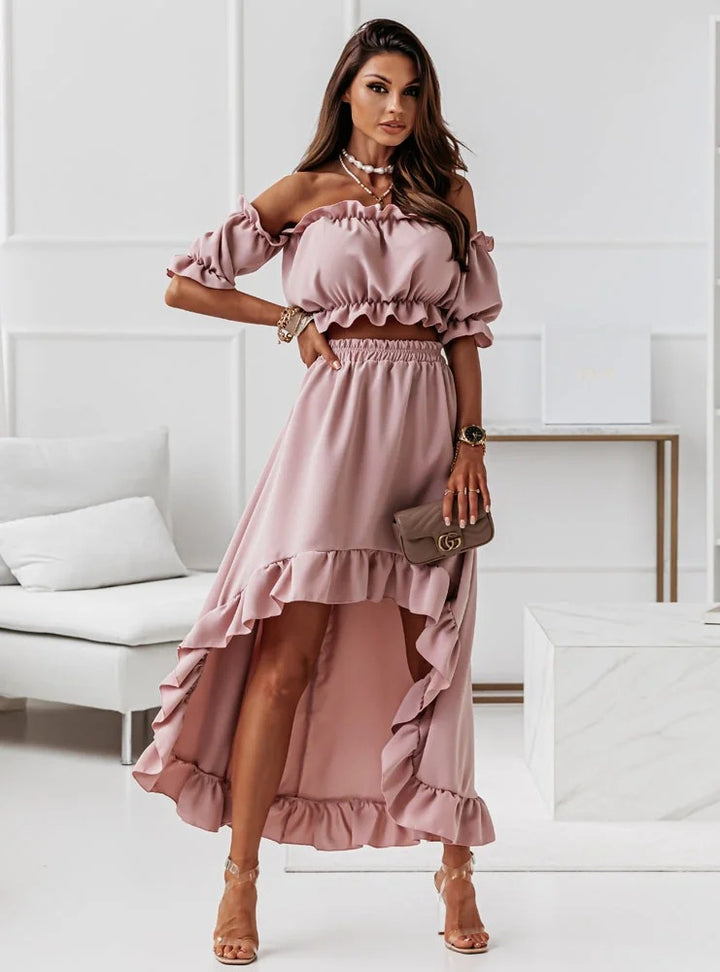 Dame off-shoulder to-delt sæt med voluminøse ærmer og svajende nederdel Stilla