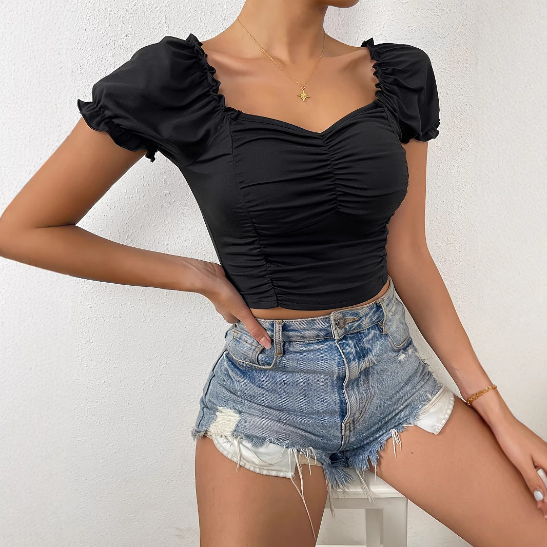 Dame figursyet crop-top med puffærmer og rynkning Skovae