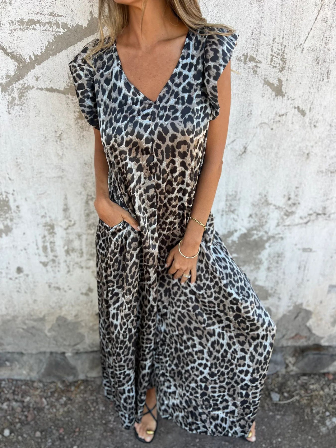 Dame Leopardprint V-Udskæring Maxi Kjole med Lommer Stilla