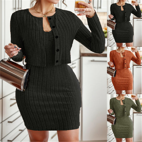 Dame elegant strikkjole med figursyet snit og kort cardigan Stilla