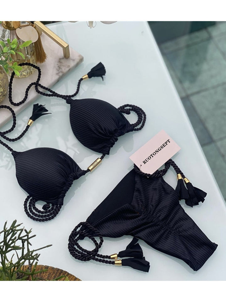 Dame triangel-bikini med moderne leopardmønster og dekorative frynser Skovae