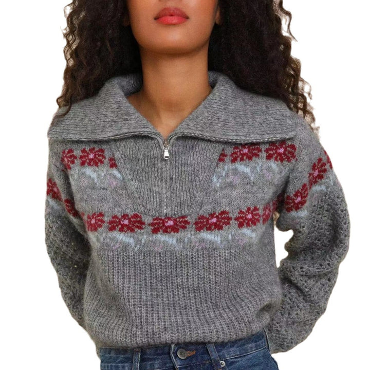 Dame strikpullover med moderne lynlås og floralt norsk design Stilla