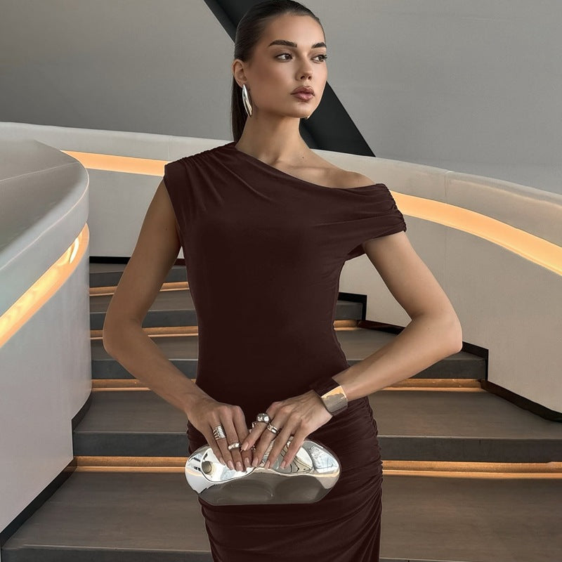 Dame Elegant Maxikjole med asymmetrisk udskæring og rynker Skovae