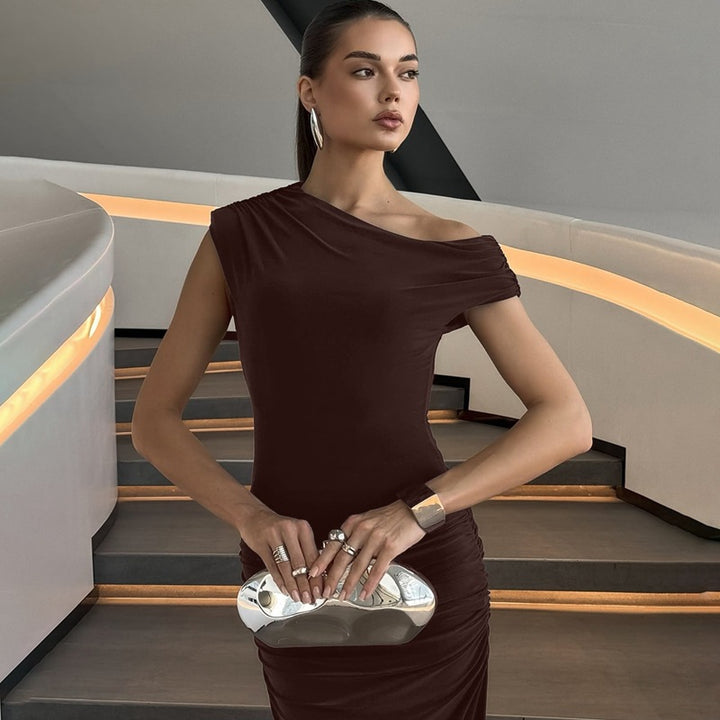 Dame Elegant Maxikjole med asymmetrisk udskæring og rynker Skovae