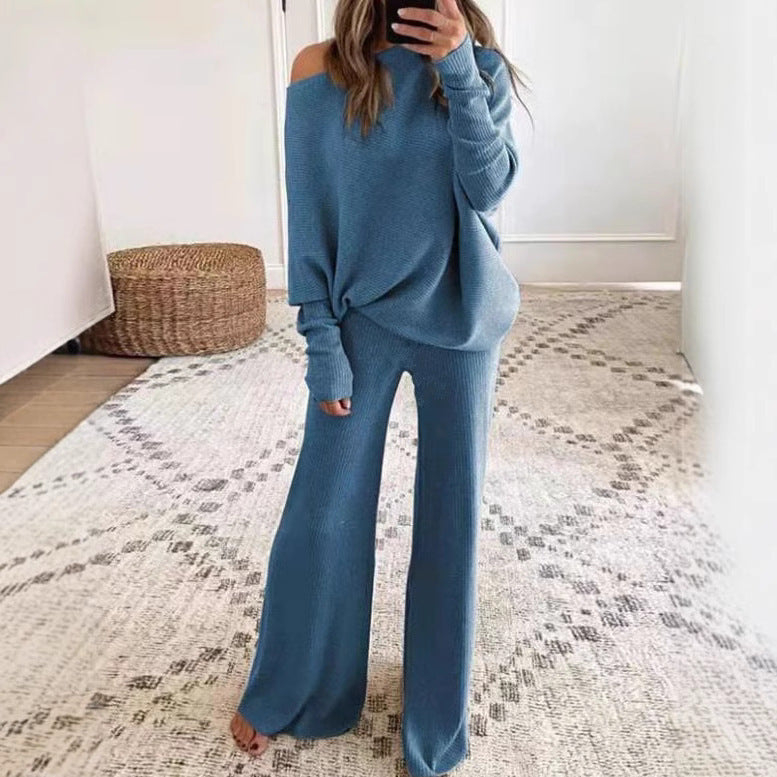 Kvinders afslappede strik loungewear sæt med løstsiddende pasform og off-shoulder top Stilla