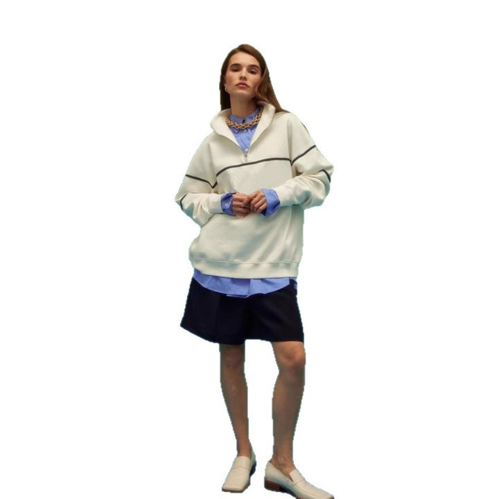 Kvinder Oversized Hoodie med Lynlås og Stribet Mønster Skovae