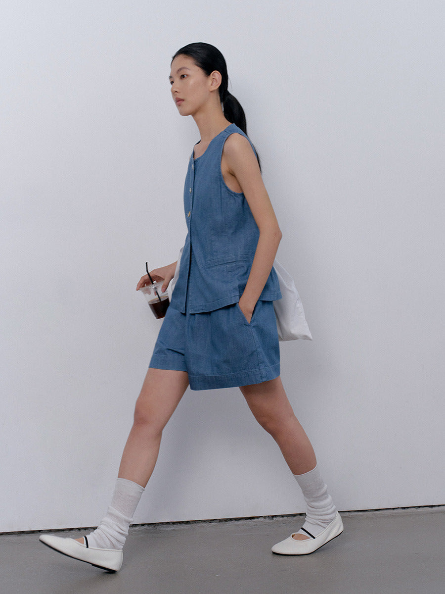 Dame korte denim shorts med elastisk talje og praktiske lommer Stilla