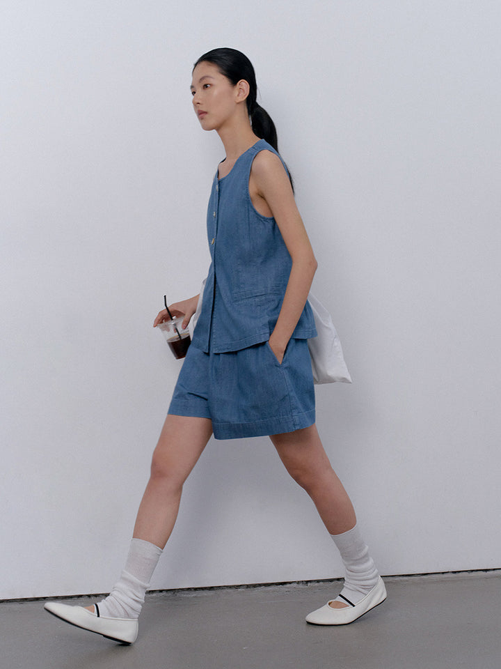 Dame korte denim shorts med elastisk talje og praktiske lommer Stilla