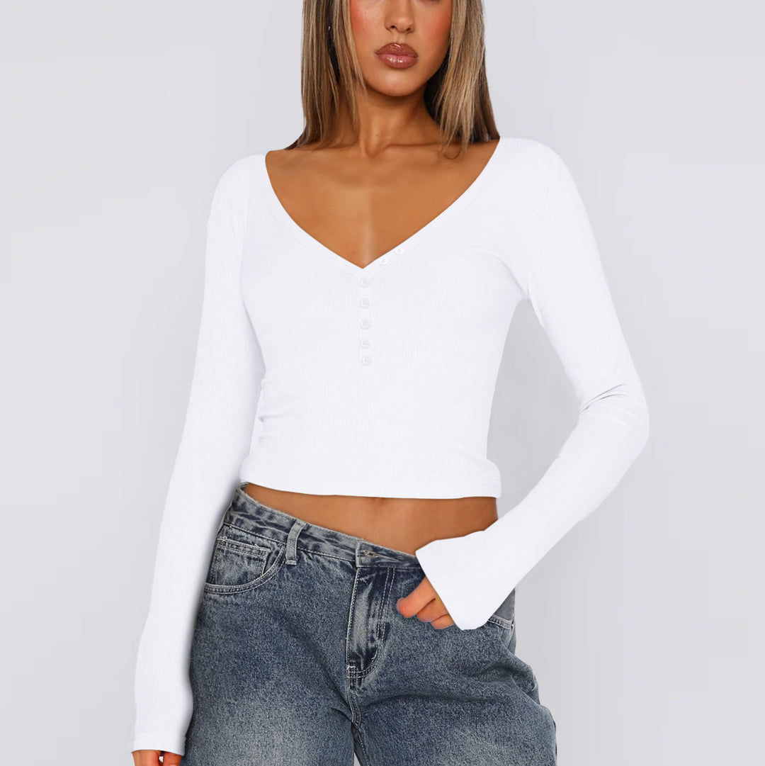 Dame Langærmet Crop-Top med V-udskæring og knapliste Stilla