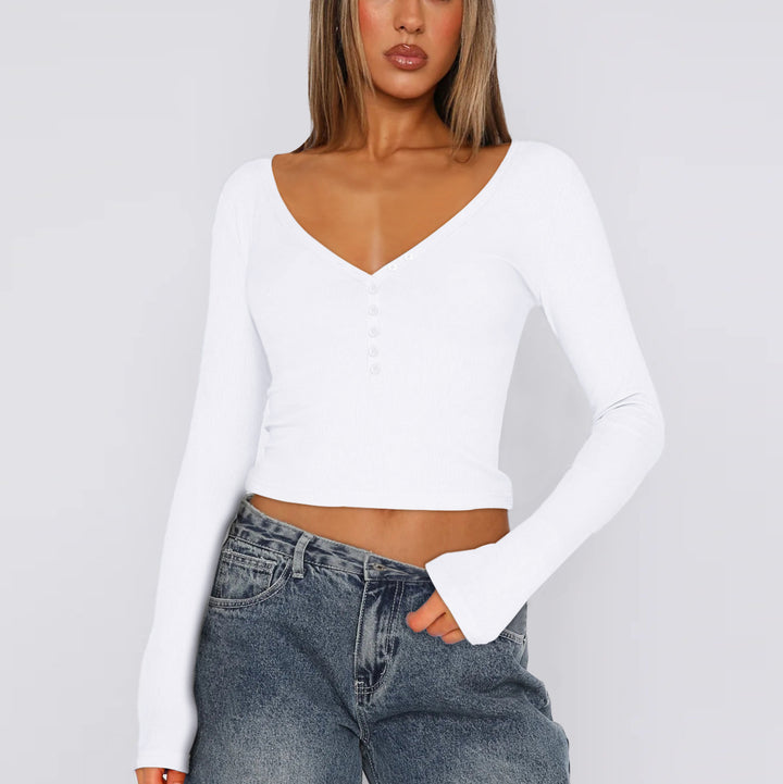 Dame Langærmet Crop-Top med V-udskæring og knapliste Stilla