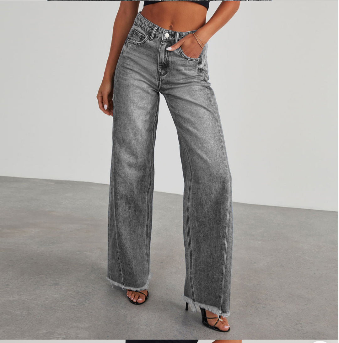Damer brede High-Waist jeans med frynset afslutning Stilla