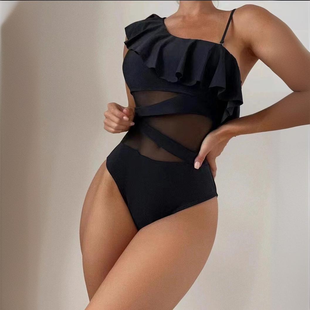 Damer Elegante Badebukser med asymmetrisk flæse-detalje og gennemsigtig indsats Stilla