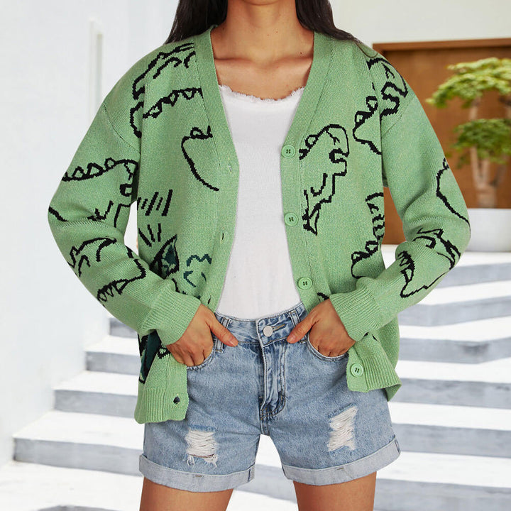 Kvinders mønstrede cardigan med sjov dinosaurmotiv Stilla