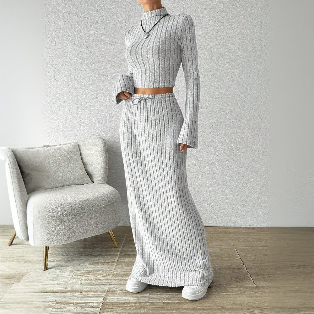 Damer Langærmet Crop Top og Maxi Skirt Sæt med Elegant Ribbet Tekstur Stilla