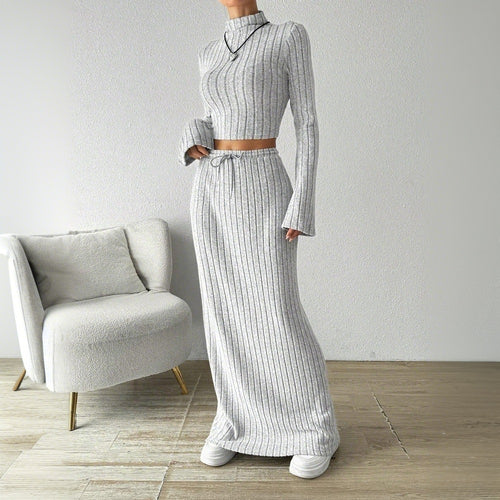 Damer Langærmet Crop Top og Maxi Skirt Sæt med Elegant Ribbet Tekstur Stilla