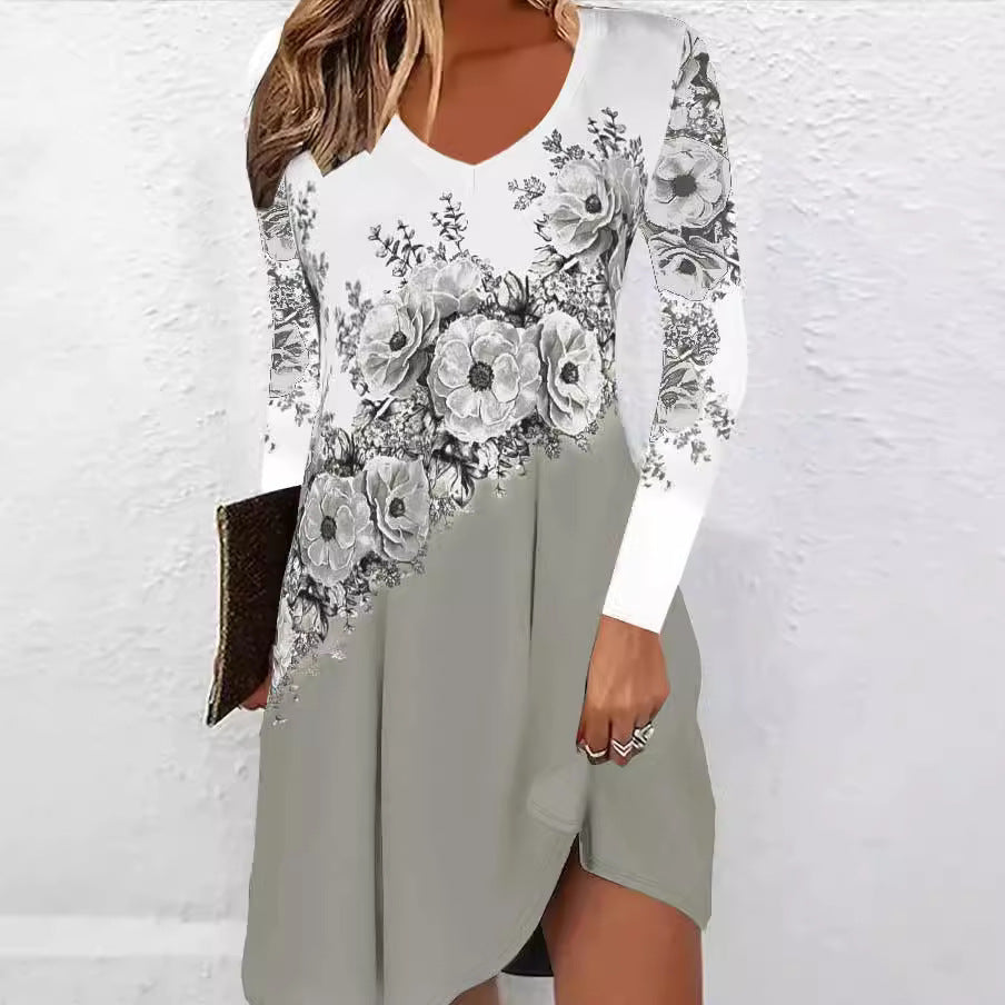 Dame Floral Print V-hals Midi Kjole med lange ærmer Stilla