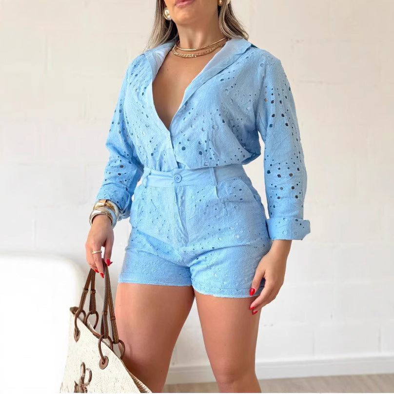 Dame Knapliste Skjorte med Øjer og Shorts Sæt Stilla