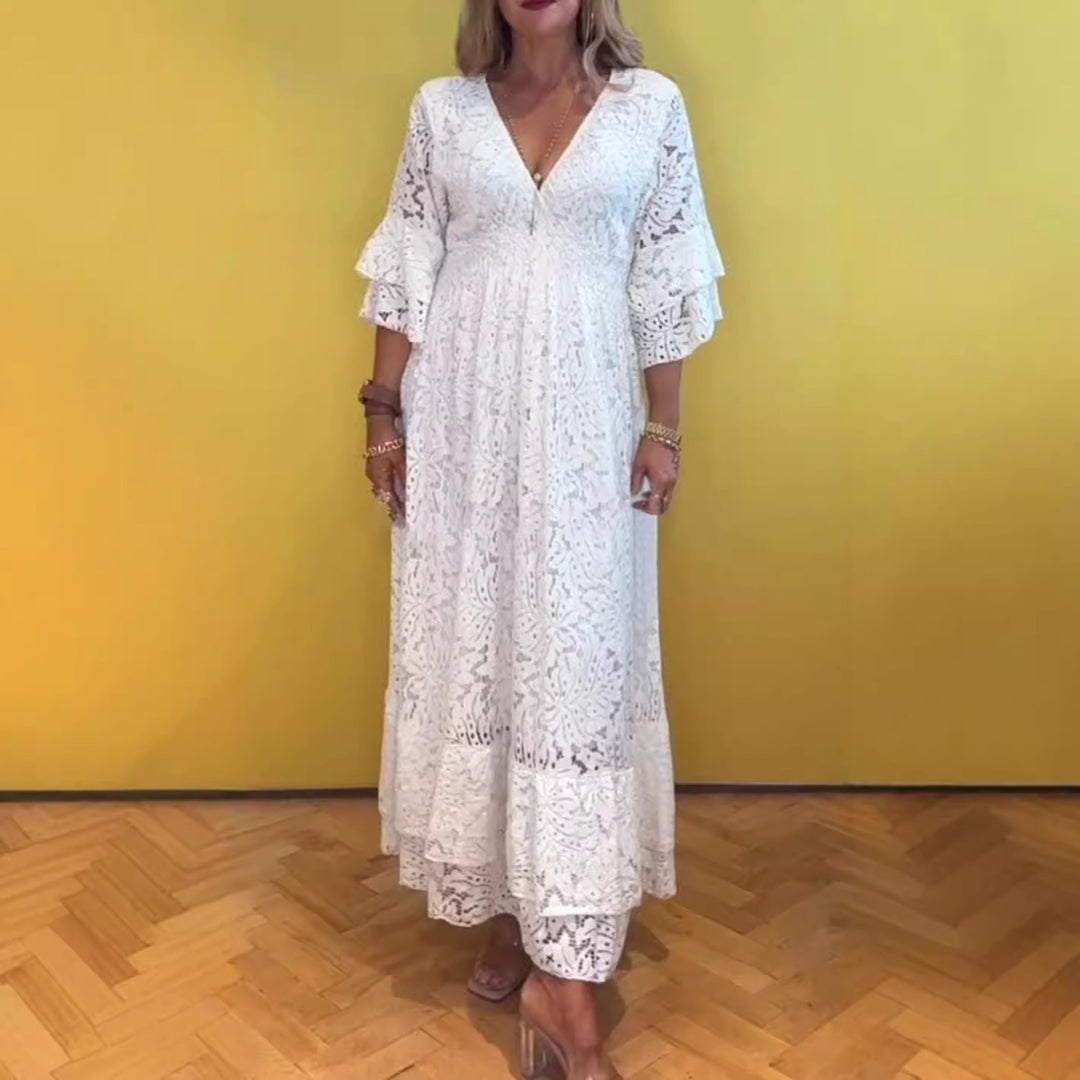 Dame nan Boho-spids-maxikjole med V-udskæring, underbust-syning og lagdelt flæseærmer Skovae