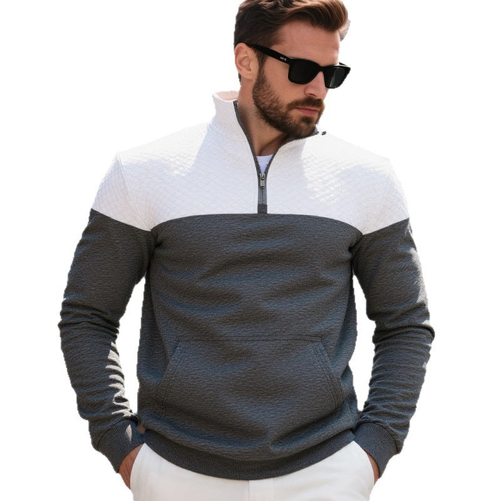 Herren nan quilted skulderpas halvzip sweater med kenguruhåpning og ståkrave Skovae