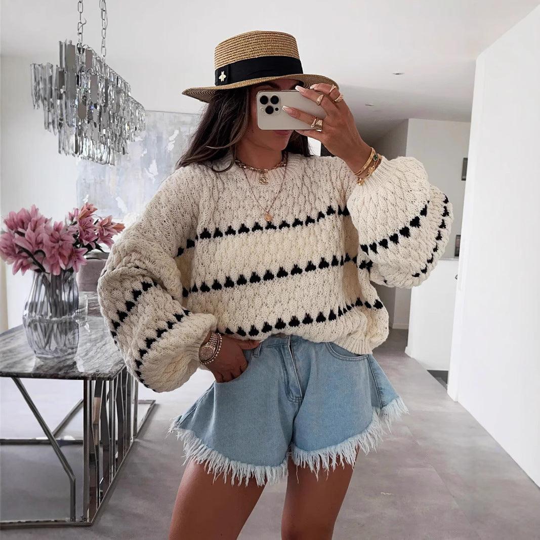 Dame elegant strikket sweater med brede ærmer og grafisk mønster Stilla