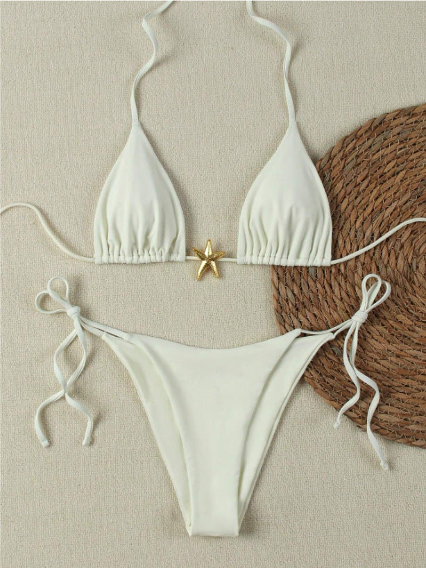 Dame Triangel-Bikini-Sæt med justerbare stropper og dekorativt smykkeelement Skovae