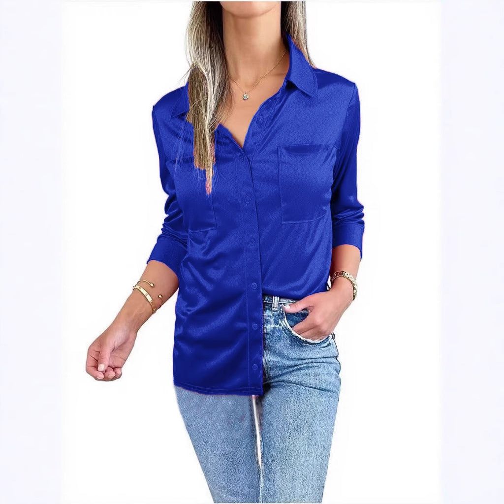 Dame elegant satinbluse med brystlomme og gennemgående knaplukning Stilla